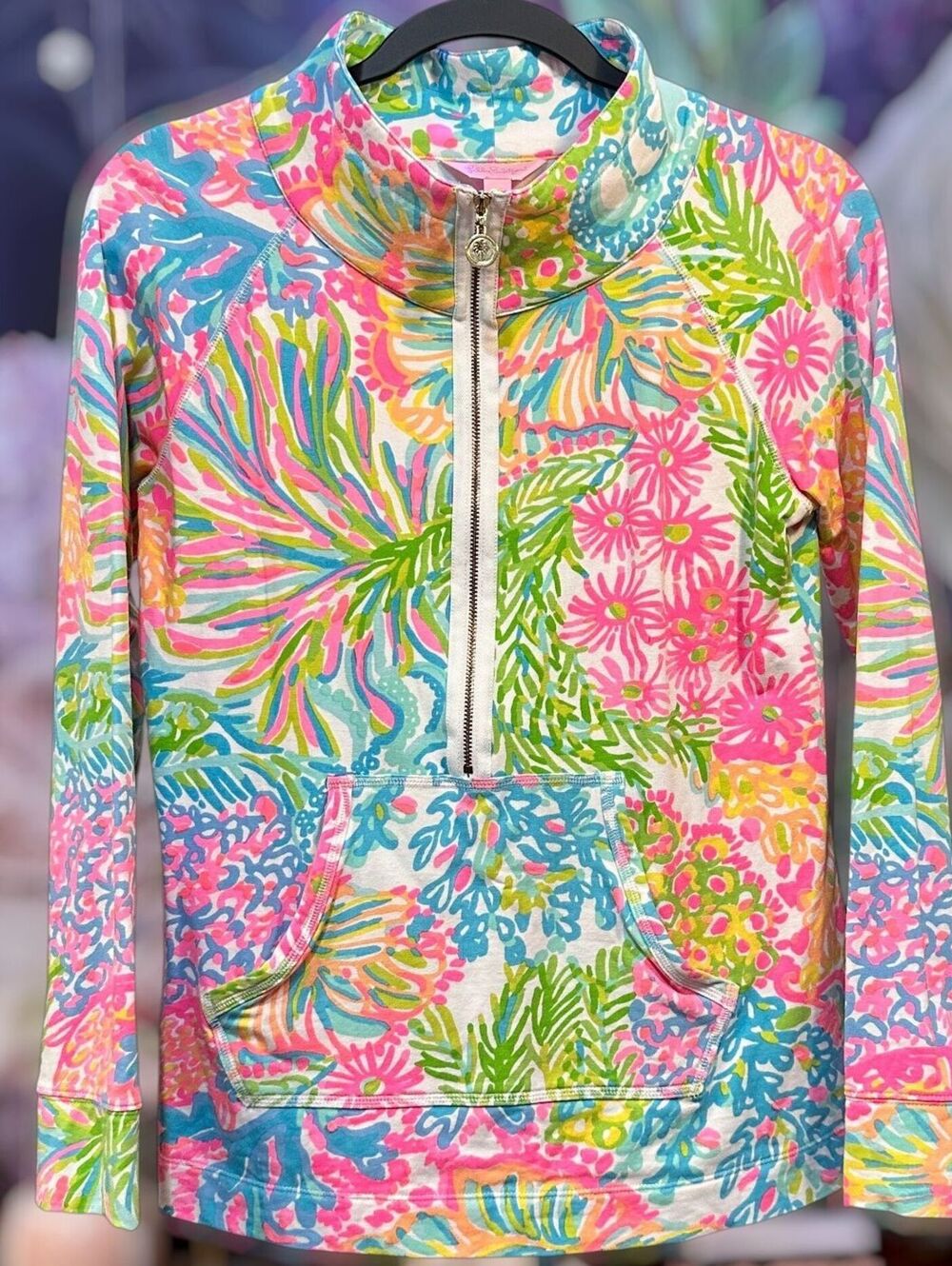 Lilly Pulitzer S Cotton Pullover Resort Tropical Preppy Floral Half Zip Sweater